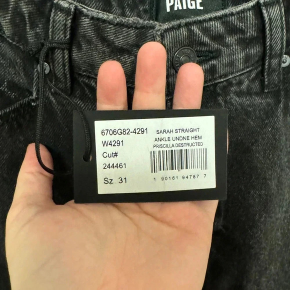 NWT $229 Paige Sarah Straight Ankle Black Denim Jean - Distressed Frayed Hem - Picture 8 of 10